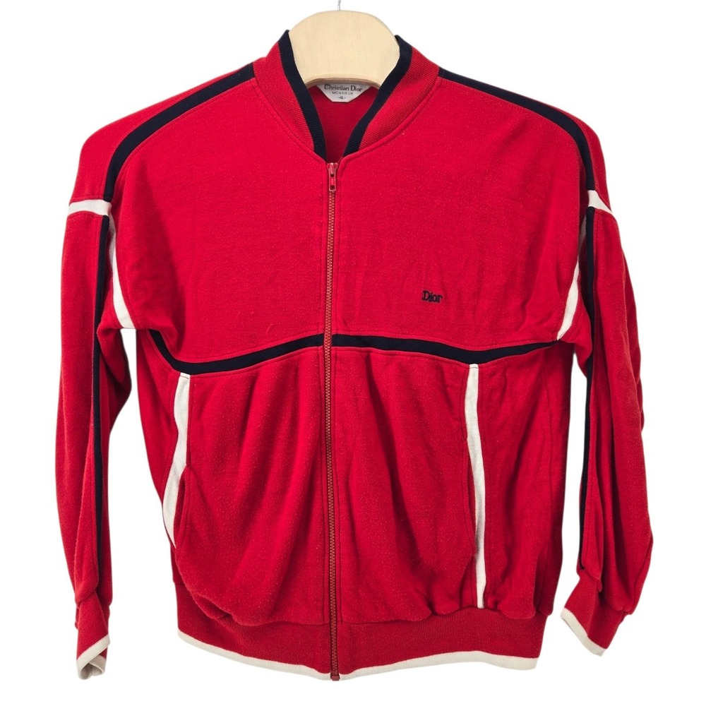 VTG Christian Dior Monsieur Varsity Zip-Up Track Jacket Sz XL Red Velour 70s 80s